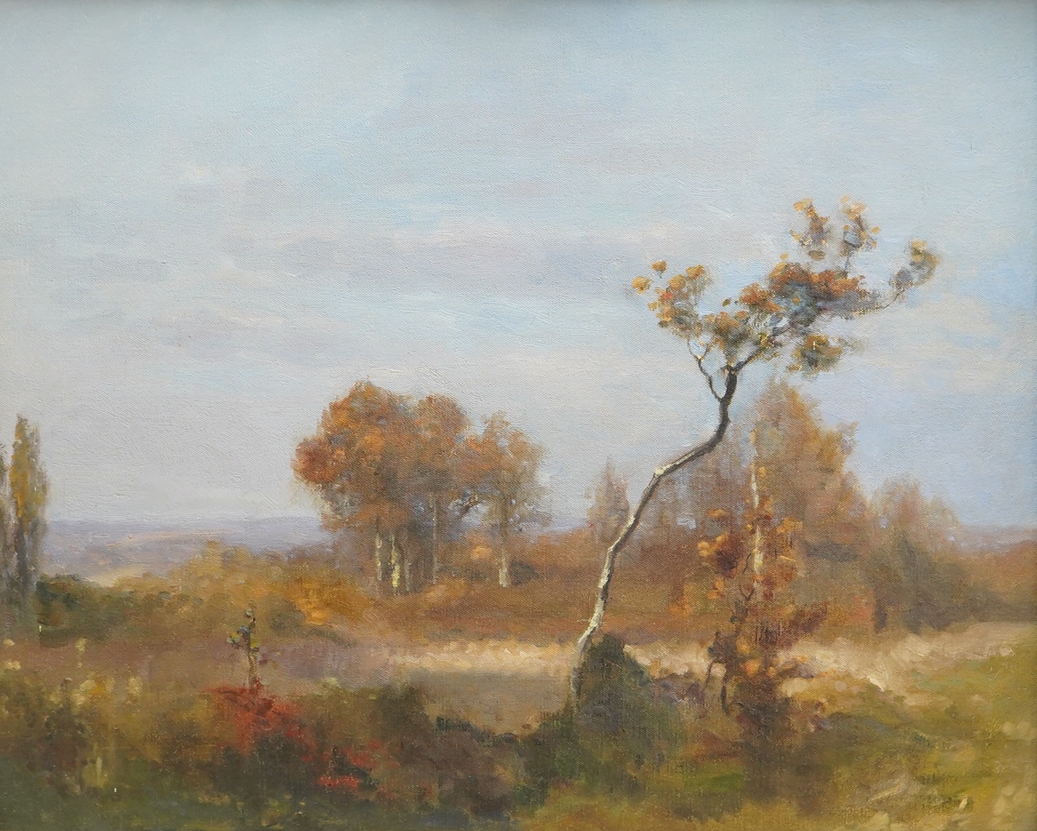 Henry G. Moon (1857-1905), Landscape with autumnal trees, possibly Ashdown Forest, signed in ink to the stretcher verso, 39 x 48cm, applied plaque to the ornate gilt frame, oil on canvas board